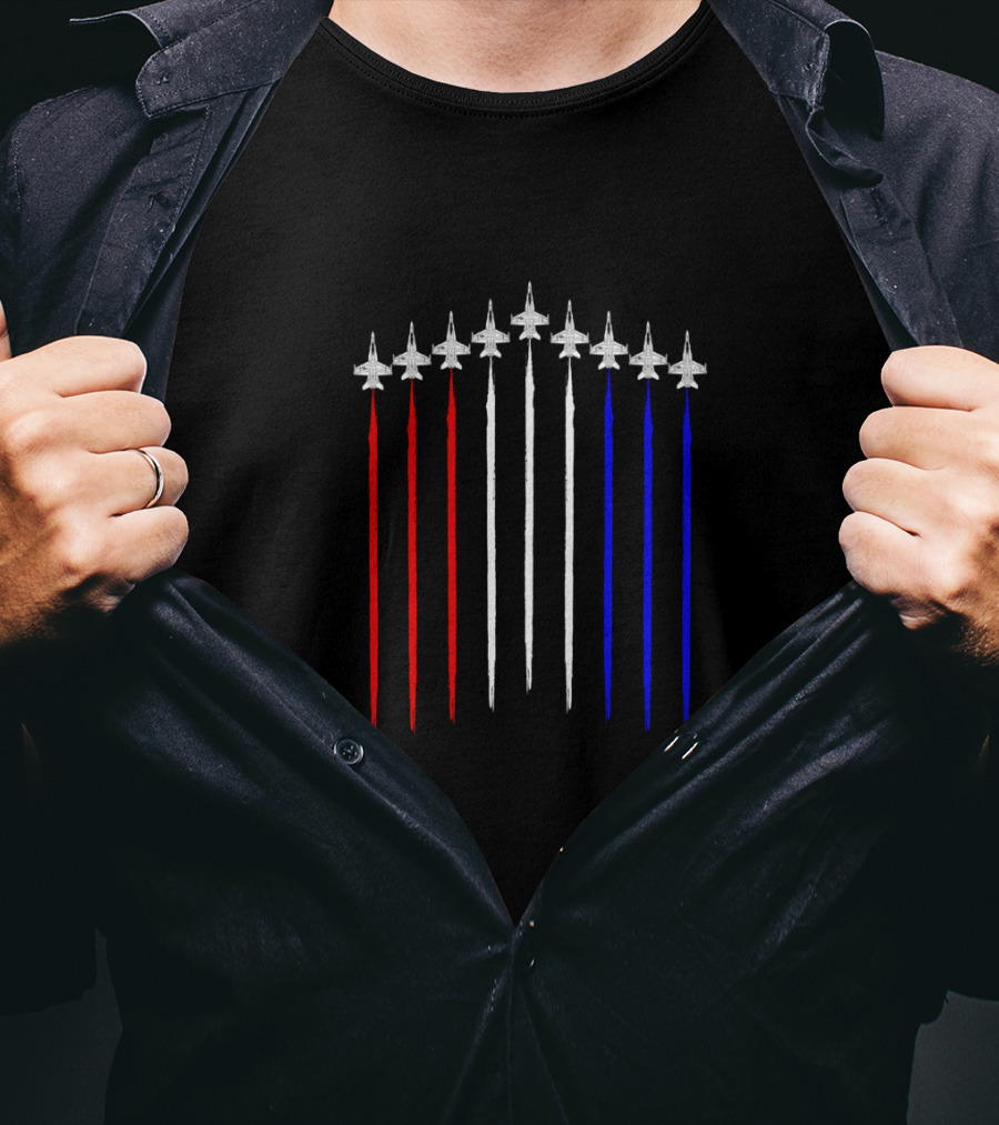 F18 Hornet Schematic Contrails In Red White Blue USA Flag T-Shirt