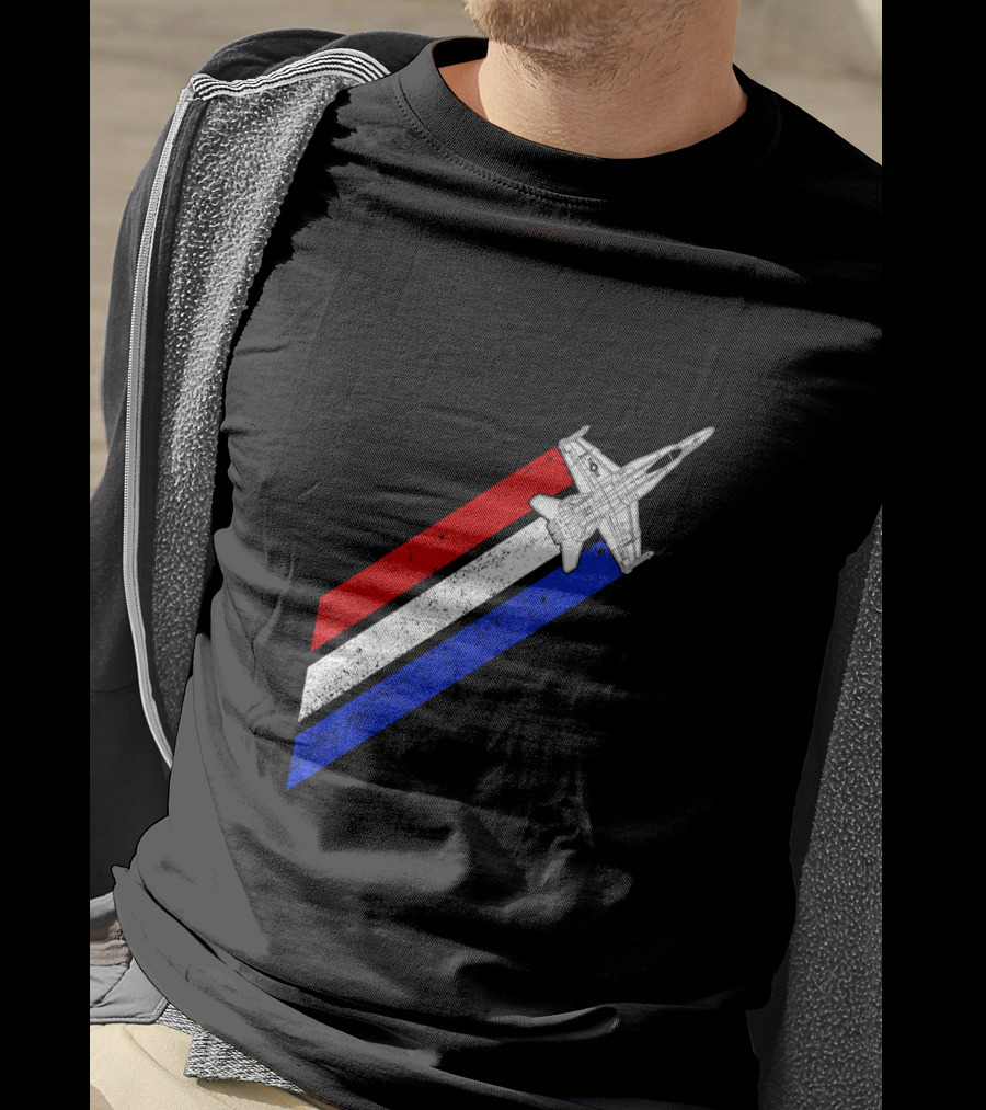F18 Hornet Airplane Schematic Red White Blue Vintage Stripes T-Shirt