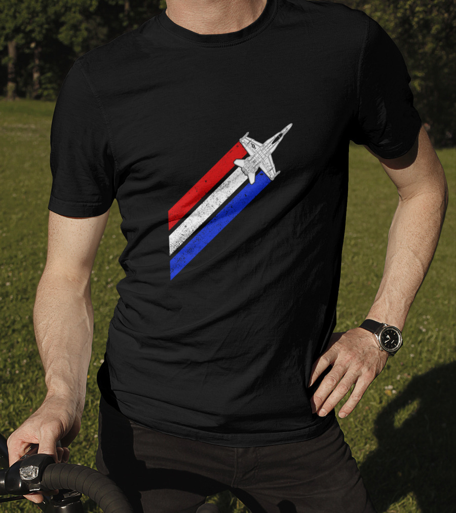F18 Hornet Airplane Schematic Red White Blue Vintage Stripes T-Shirt