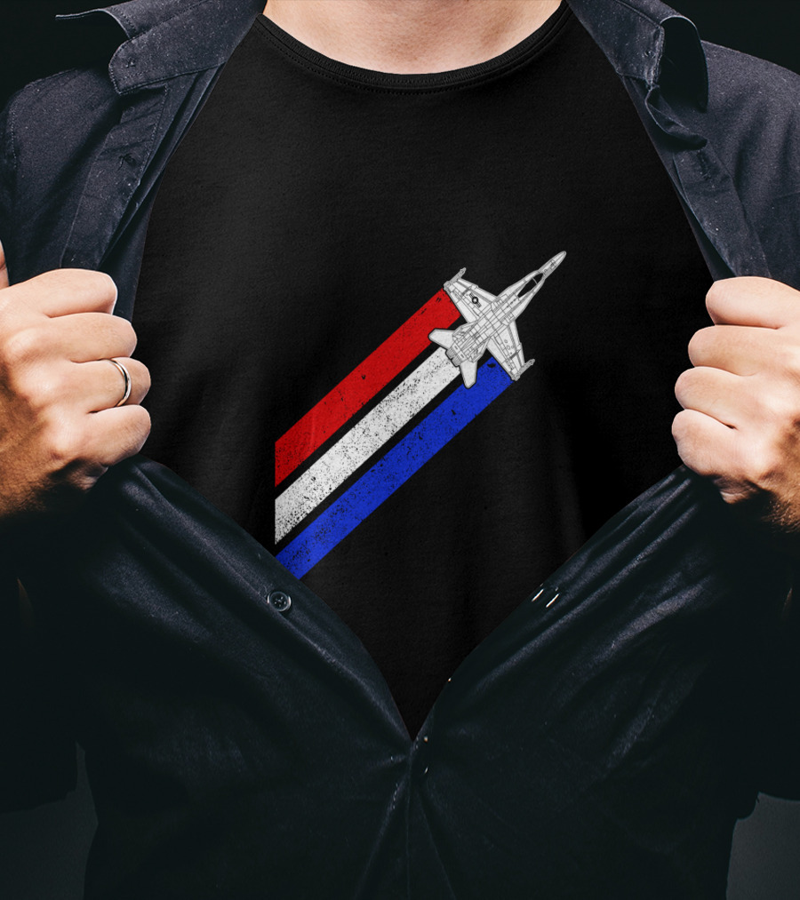 F18 Hornet Airplane Schematic Red White Blue Vintage Stripes T-Shirt