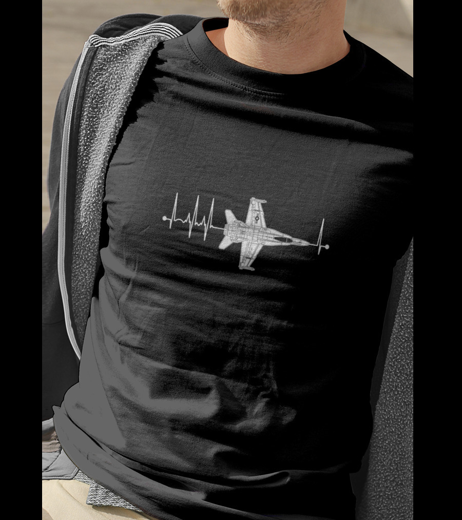F18 Hornet Schematic Airplane With Heartbeat Pulse T-Shirt