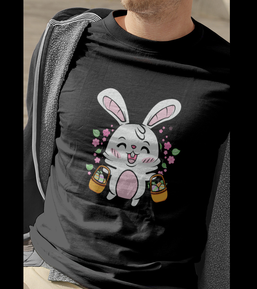 Kids Easter Bunny With Baskets Cute Egg Hunt Colorful Spring Flowers T-Shirt