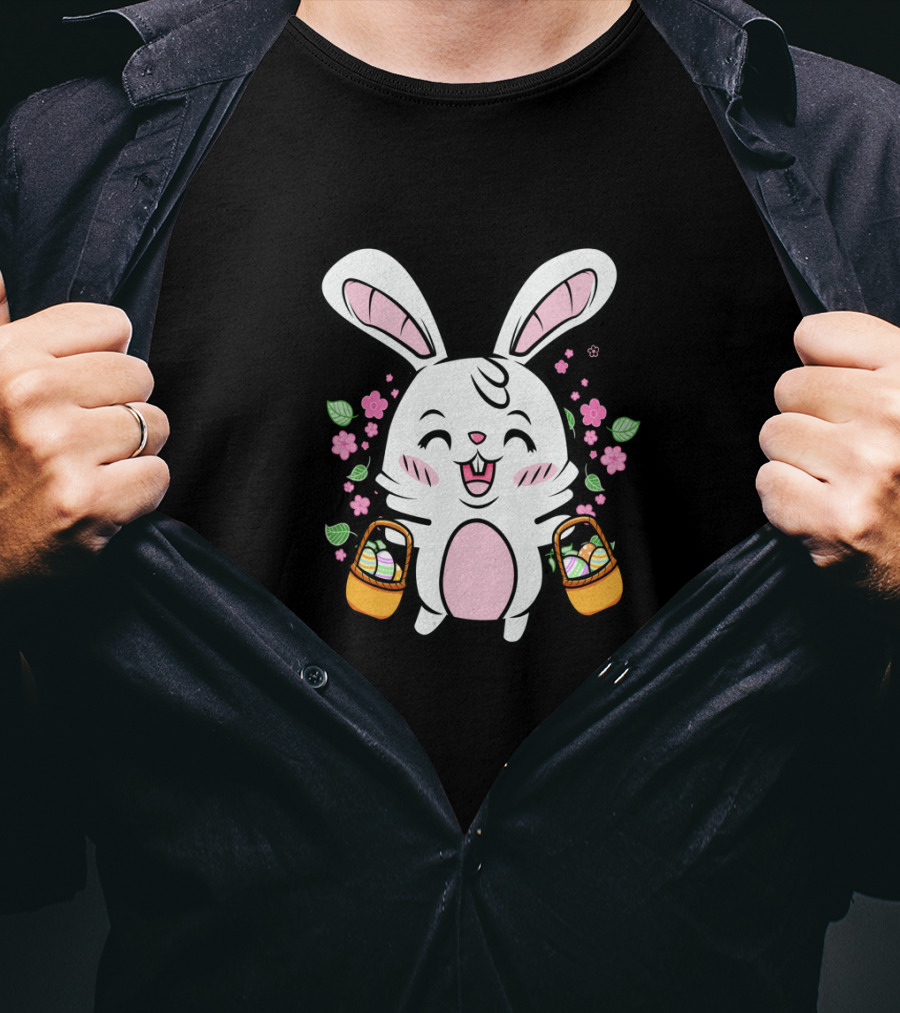 Kids Easter Bunny With Baskets Cute Egg Hunt Colorful Spring Flowers T-Shirt
