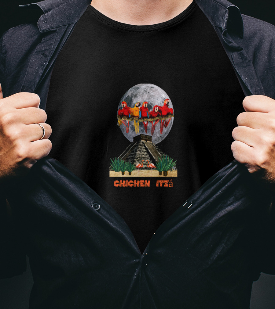 Chichen Itza Pyramid Moon Parrots T-Shirt