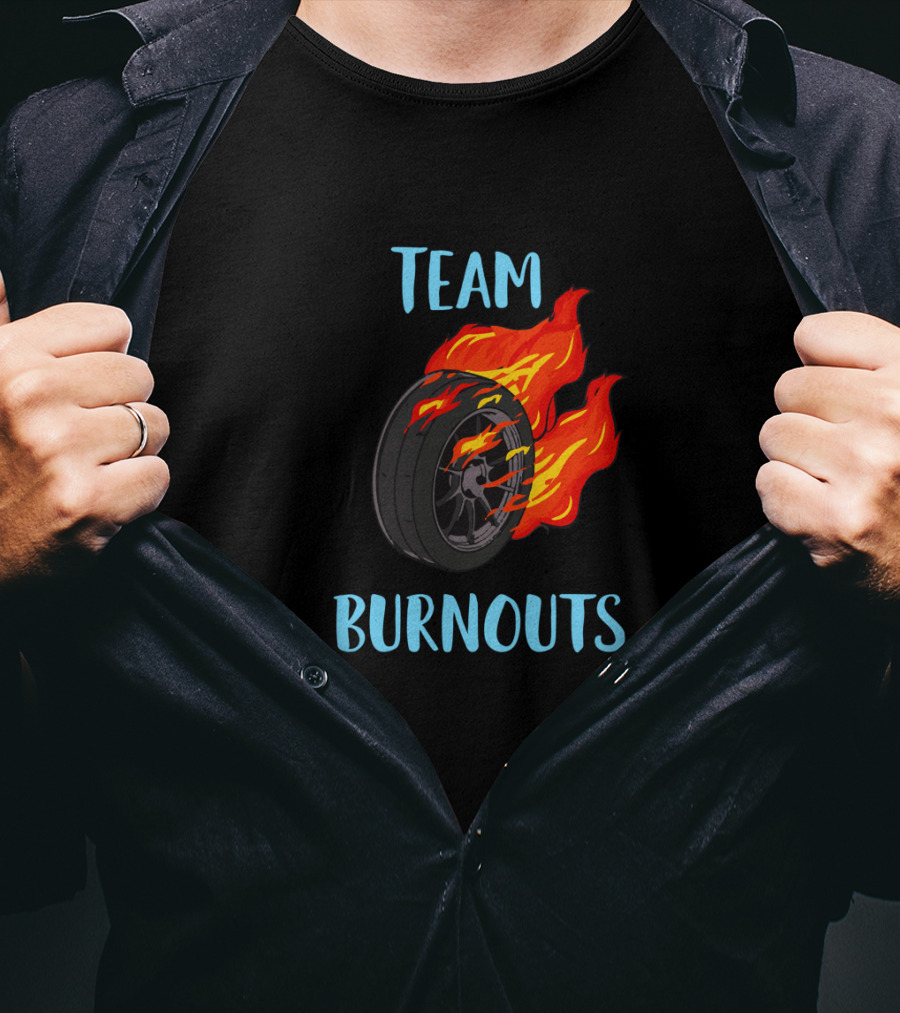 Team Burnouts Gender Reveal Party Idea Baby Boy Reveal Flame Tire T-Shirt