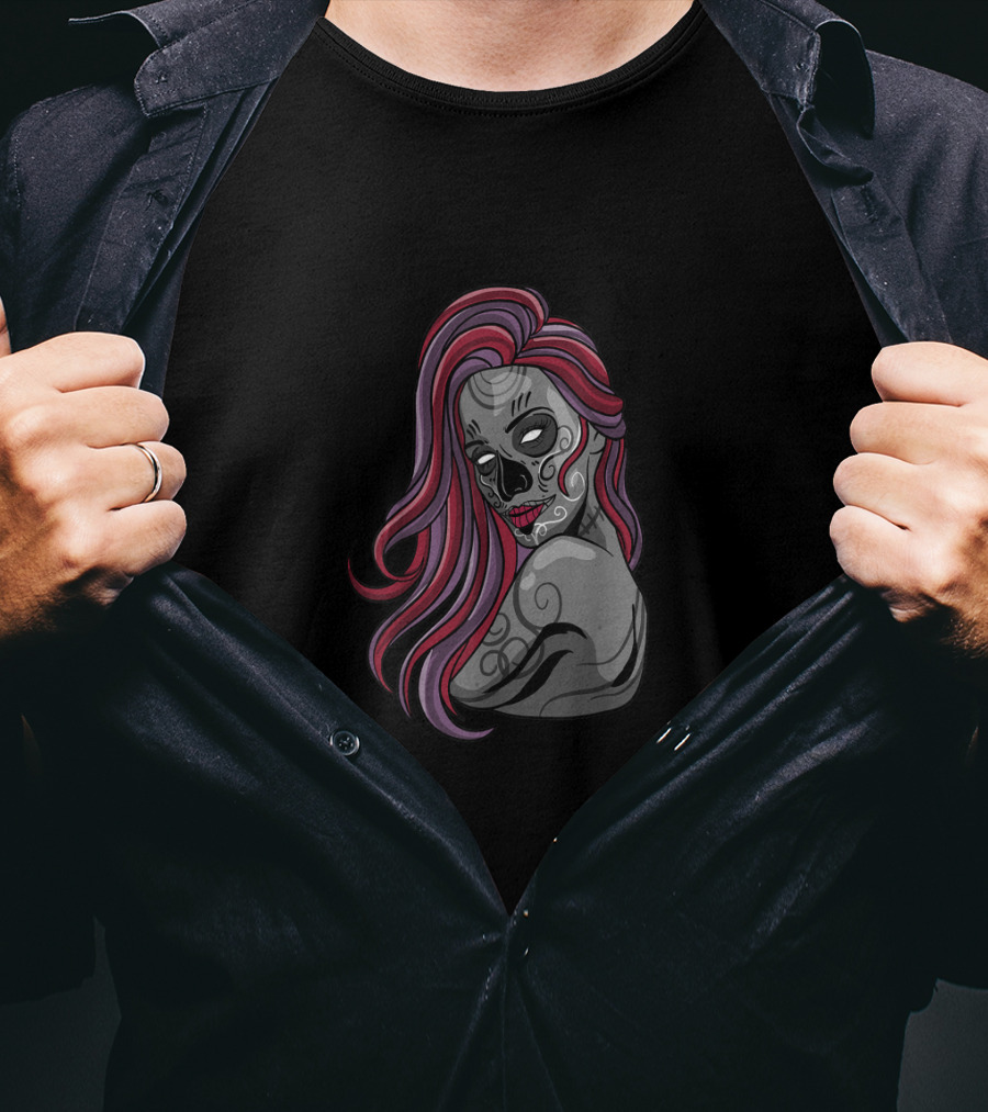 Zombie Girl Cute Undead Living Dead With Pink Hair And Skull Face T-Shirt