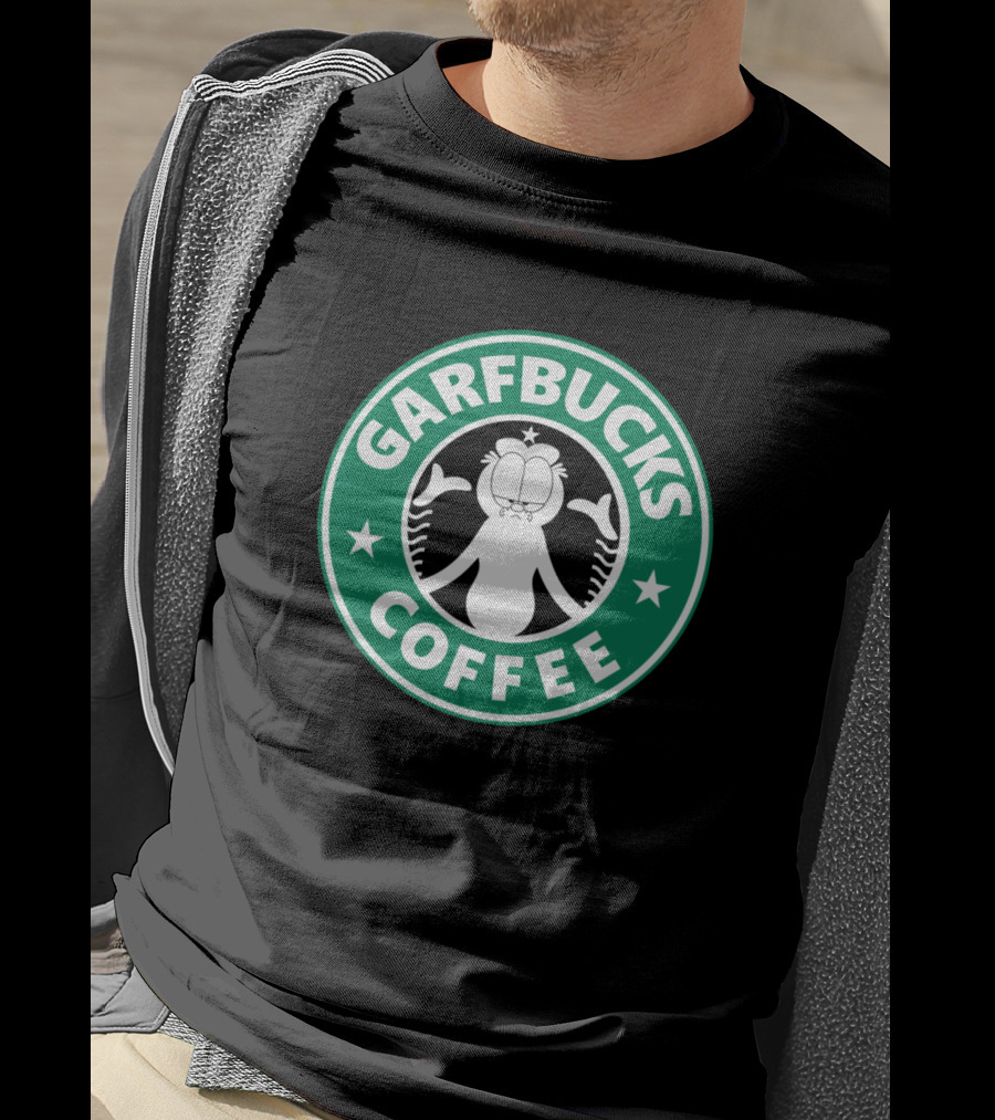 Garfield Garfbucks Coffee Logo Parody With Green Circle Stars And Cartoon Cat T-Shirt