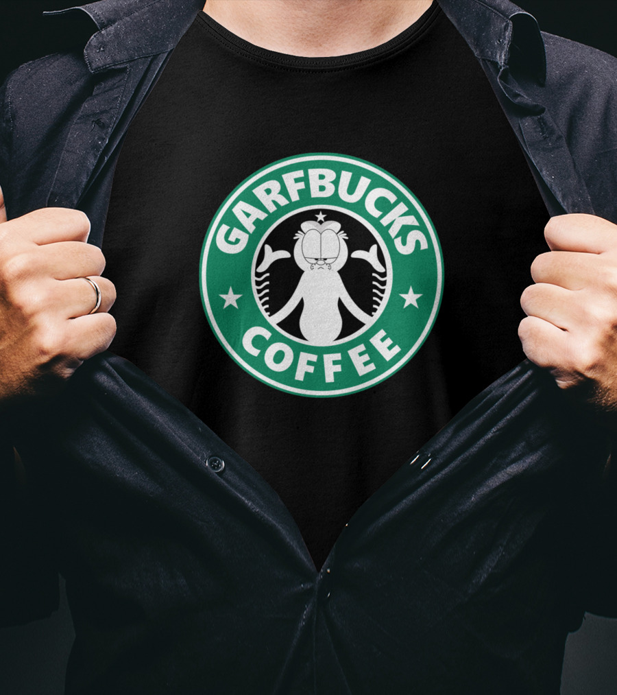 Garfield Garfbucks Coffee Logo Parody With Green Circle Stars And Cartoon Cat T-Shirt