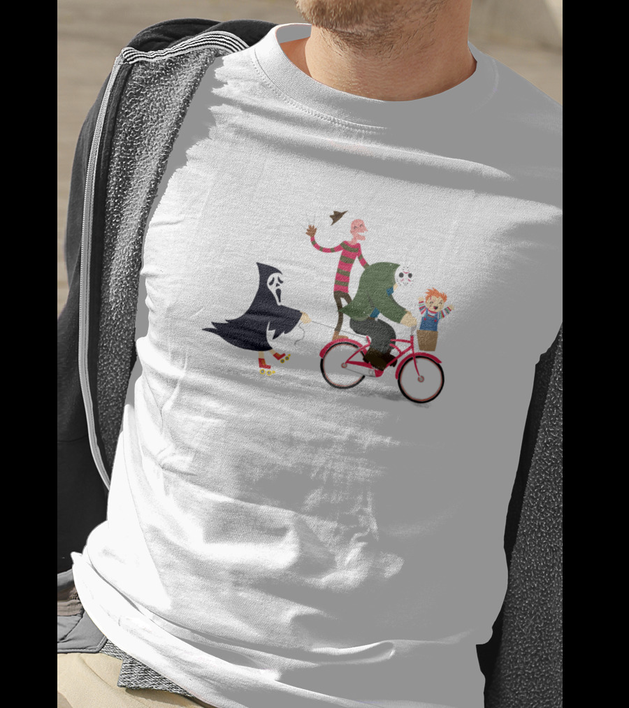 Horror Characters Night Ride With Ghost Mask Freddy Jason And Doll On Bicycle T-Shirt