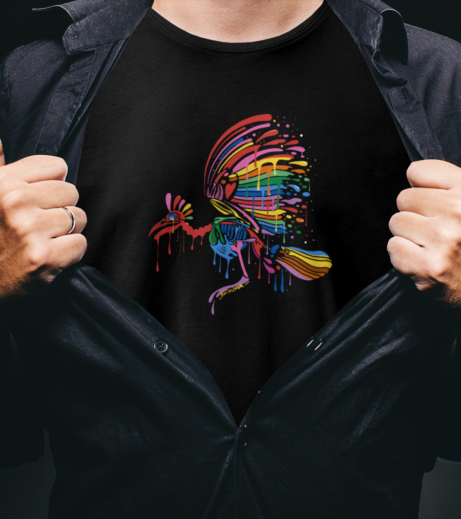Rainbow Skeleton Bird With Vibrant Rainbow Wings Dripping Colors T-Shirt