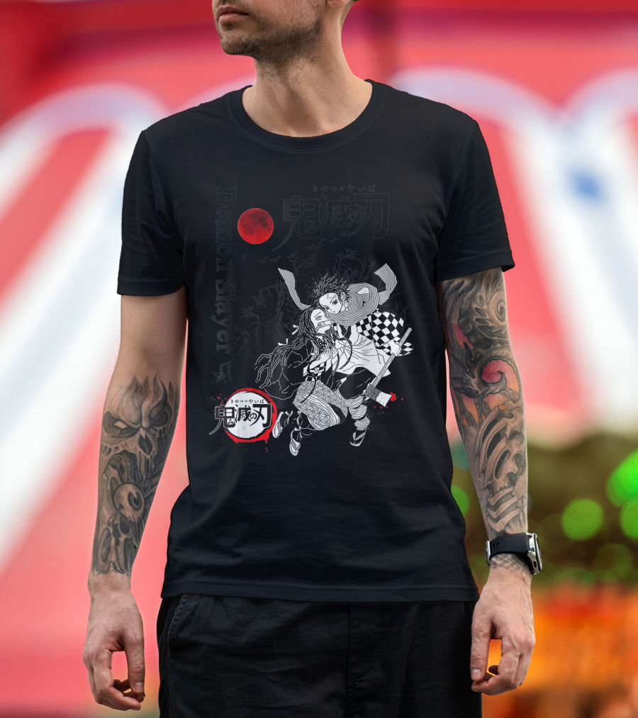 Demon Slayer Black and White Arts Anime with Red Moon T-Shirt