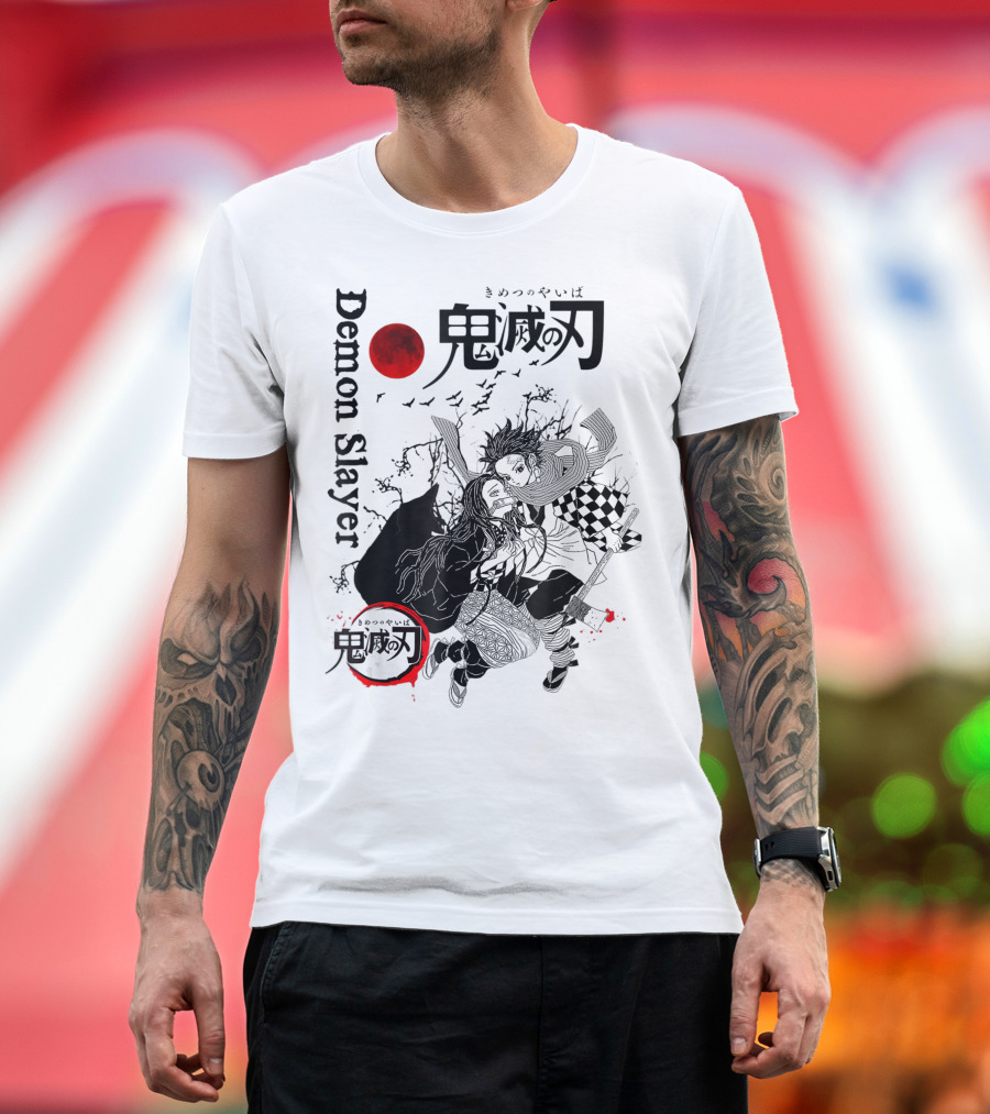 Demon Slayer Black And White Arts Anime With Red Moon T-Shirt