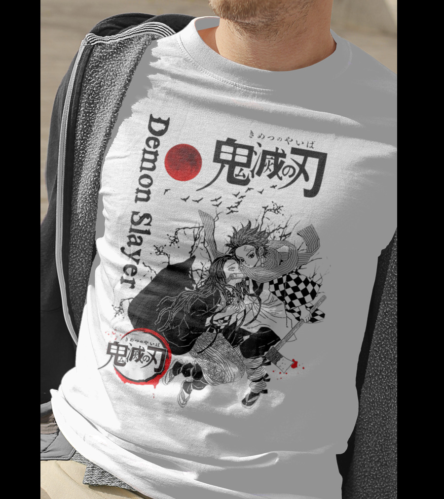 Demon Slayer Black And White Arts Anime With Red Moon T-Shirt