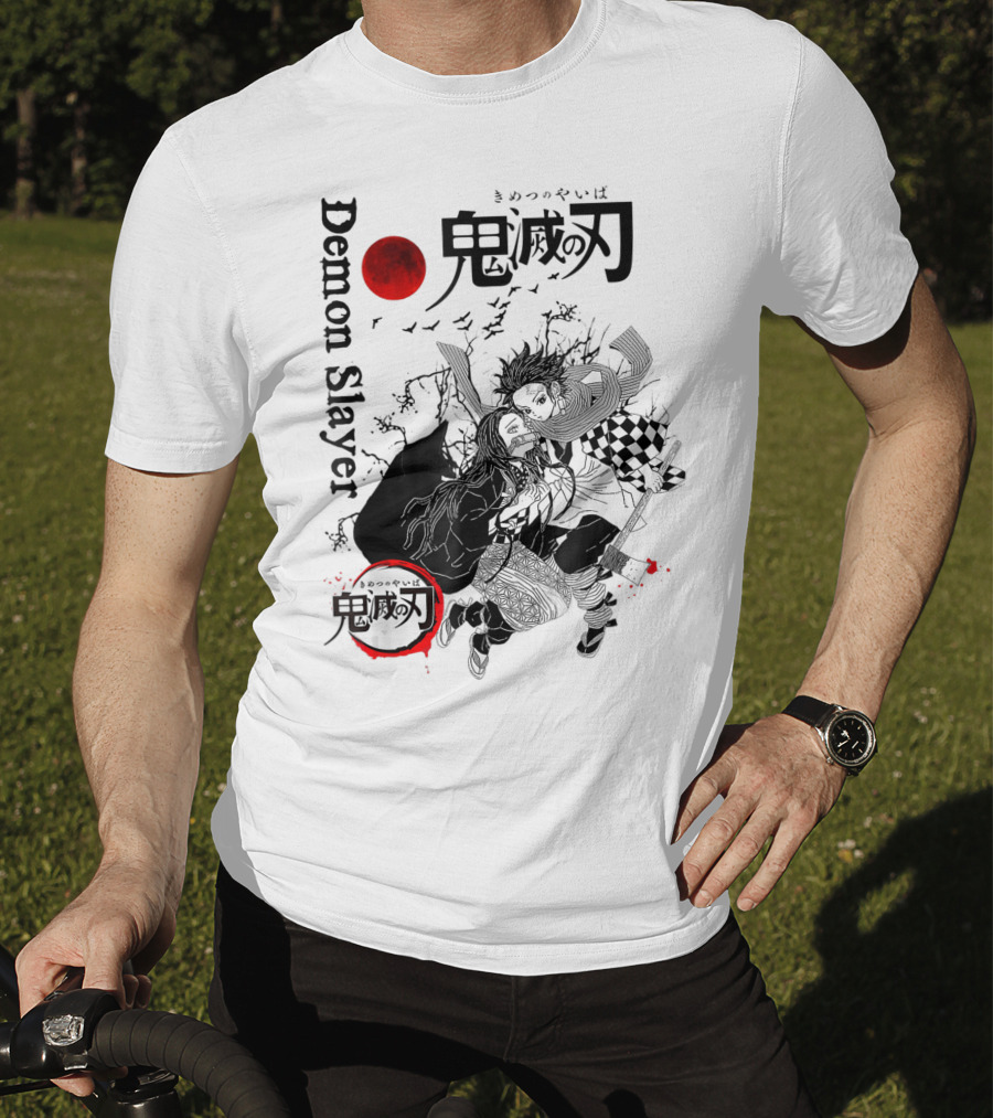 Demon Slayer Black And White Arts Anime With Red Moon T-Shirt