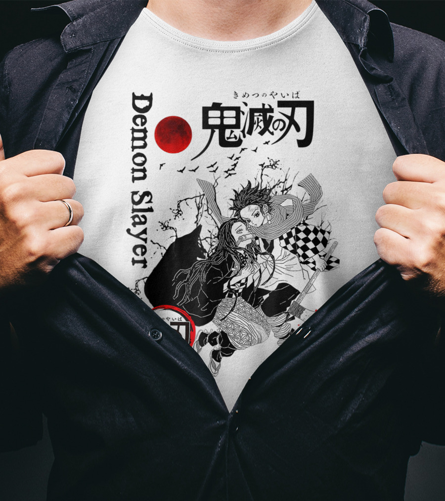 Demon Slayer Black And White Arts Anime With Red Moon T-Shirt