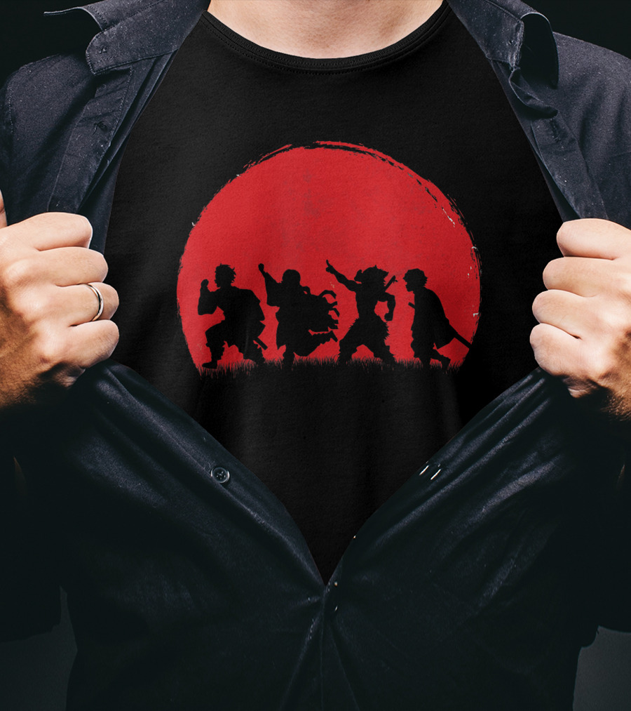 Cute Anime Demon Slayers Silhouette Against Blood Moon T-Shirt