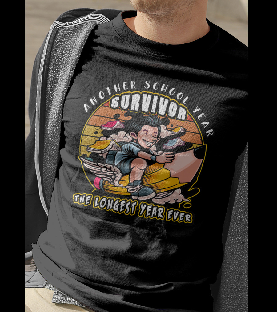 Another School Year Survivor The Longest Year Ever Retro Cartoon Pencil Ride T-Shirt