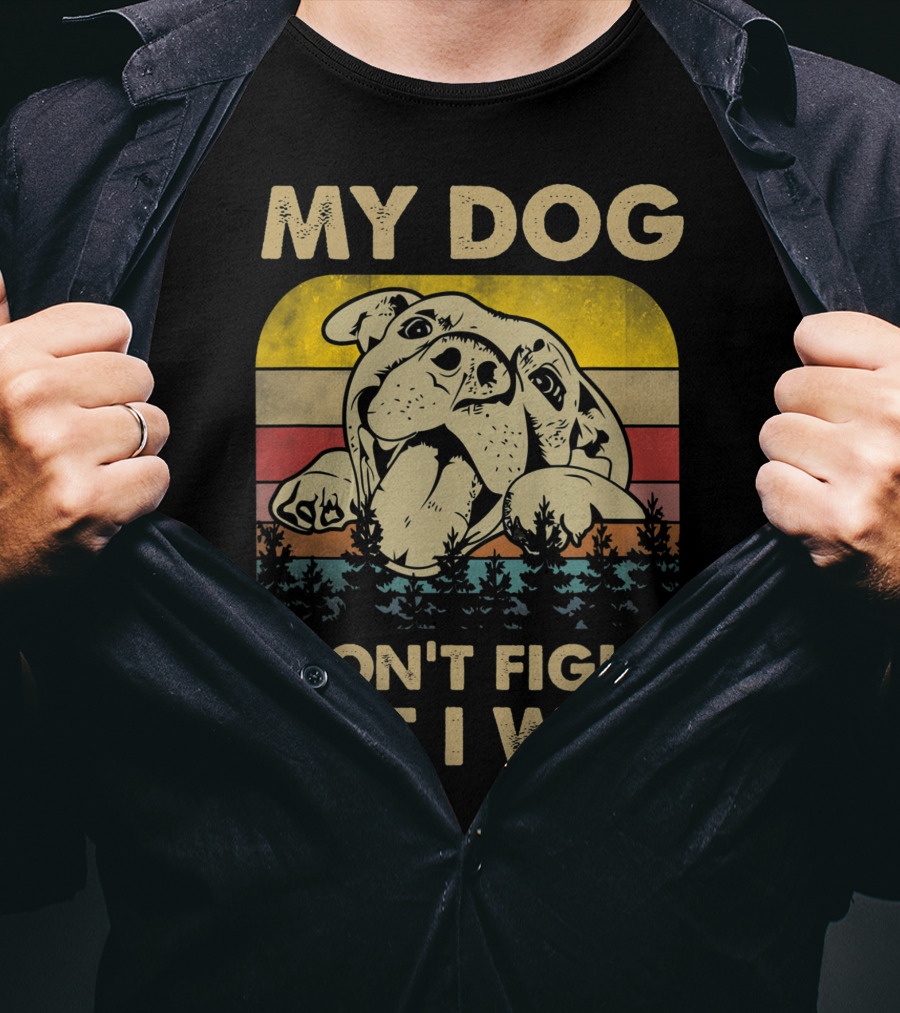 My Dog Won't Fight But I Will Vintage Pitbull Retro Sunset Forest T-Shirt