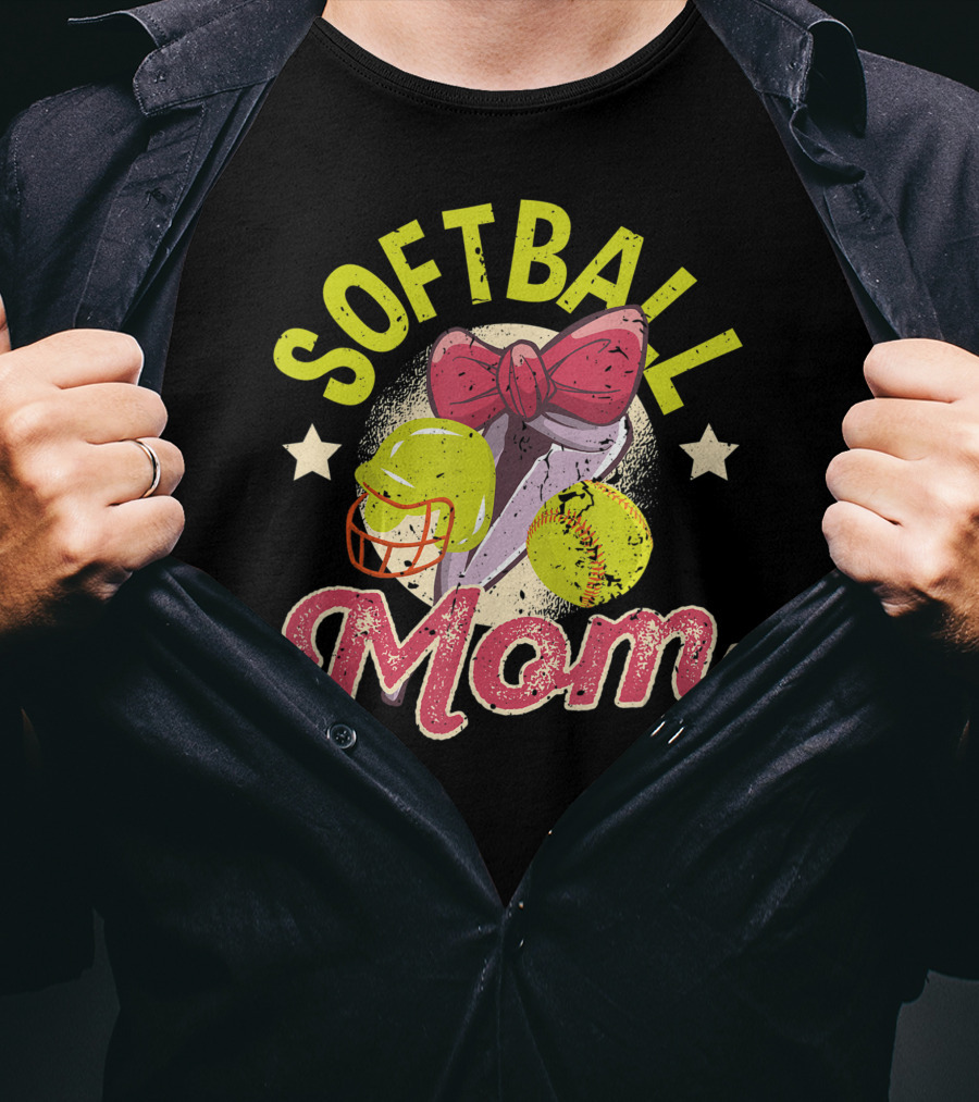 Softball Mom Mother's Day Softball Mama Bow Helmet Ball T-Shirt