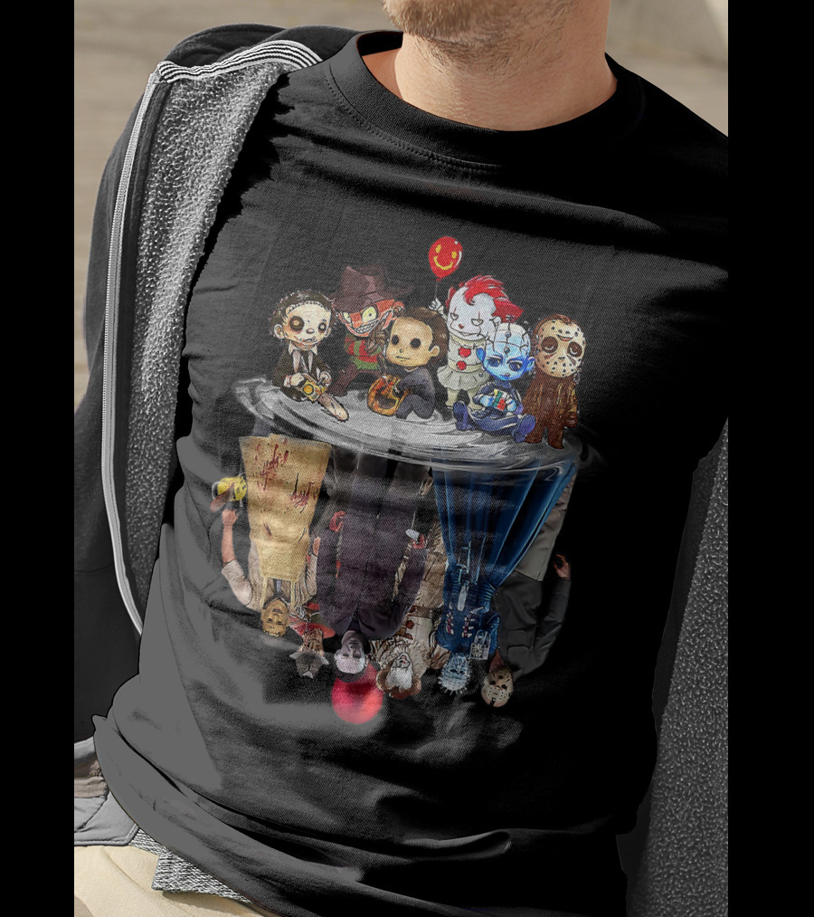 Cute Horror Movie Chibi Character Water Reflection Iconic Figures T-Shirt