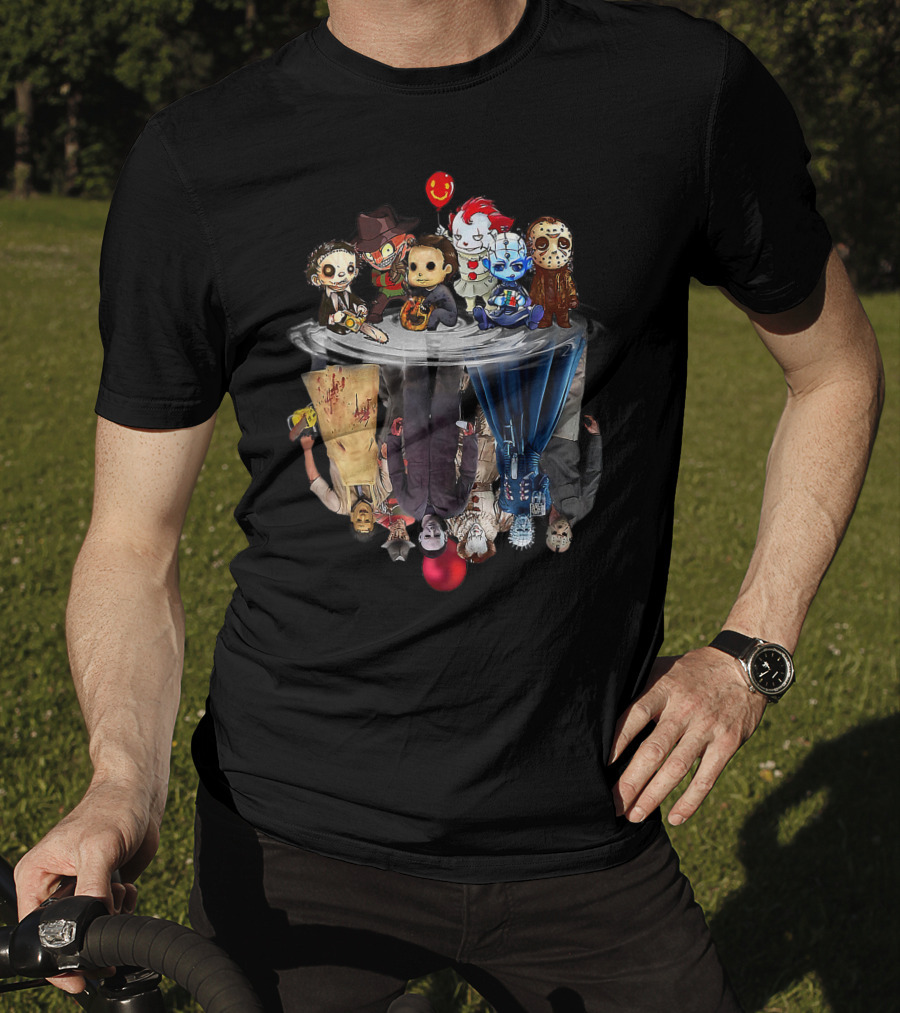 Cute Horror Movie Chibi Character Water Reflection Iconic Figures T-Shirt