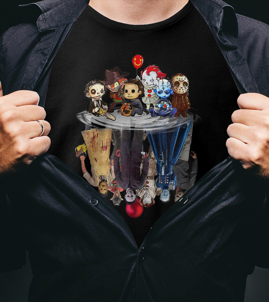 Cute Horror Movie Chibi Character Water Reflection Iconic Figures T-Shirt
