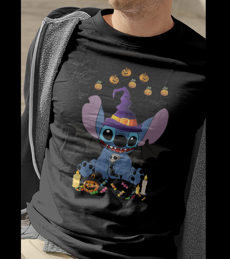 Stitch In Witch Hat Surrounded By Pumpkins And Candies T-Shirt