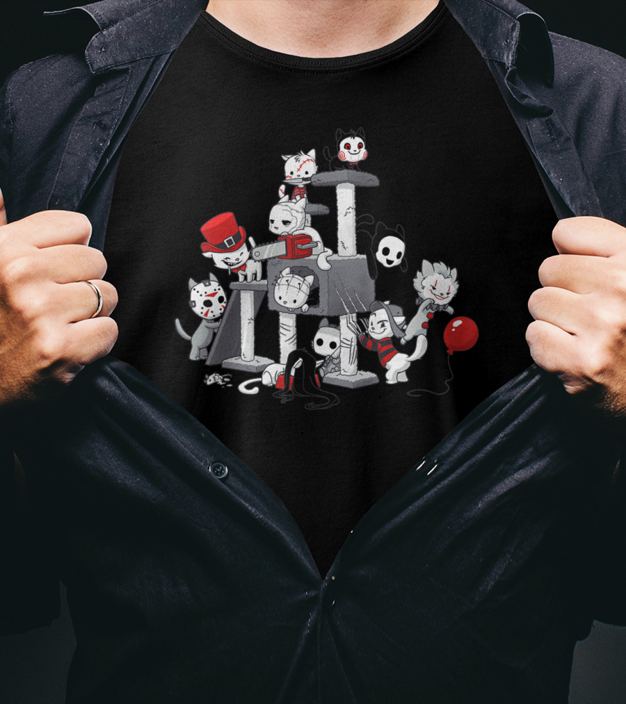 Halloween Funny Cute Cats Horror Movie Characters T-Shirt
