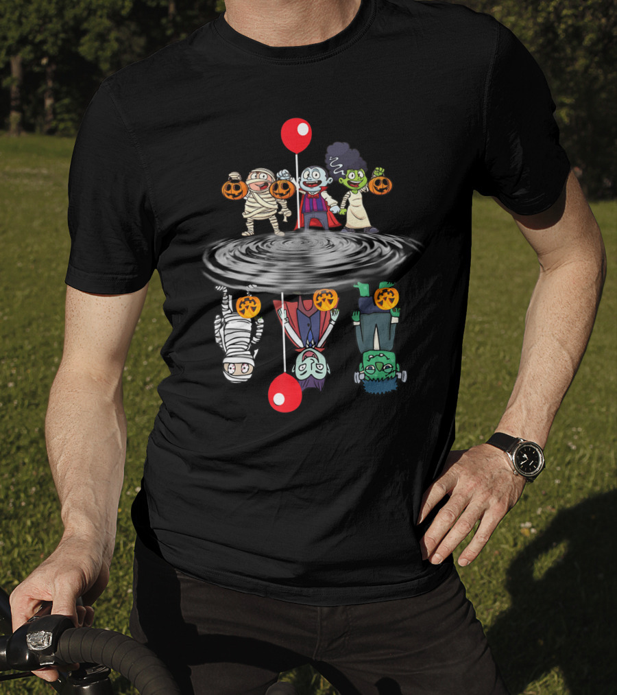 Halloween Horror Characters Reflection In Water With Red Balloons T-Shirt