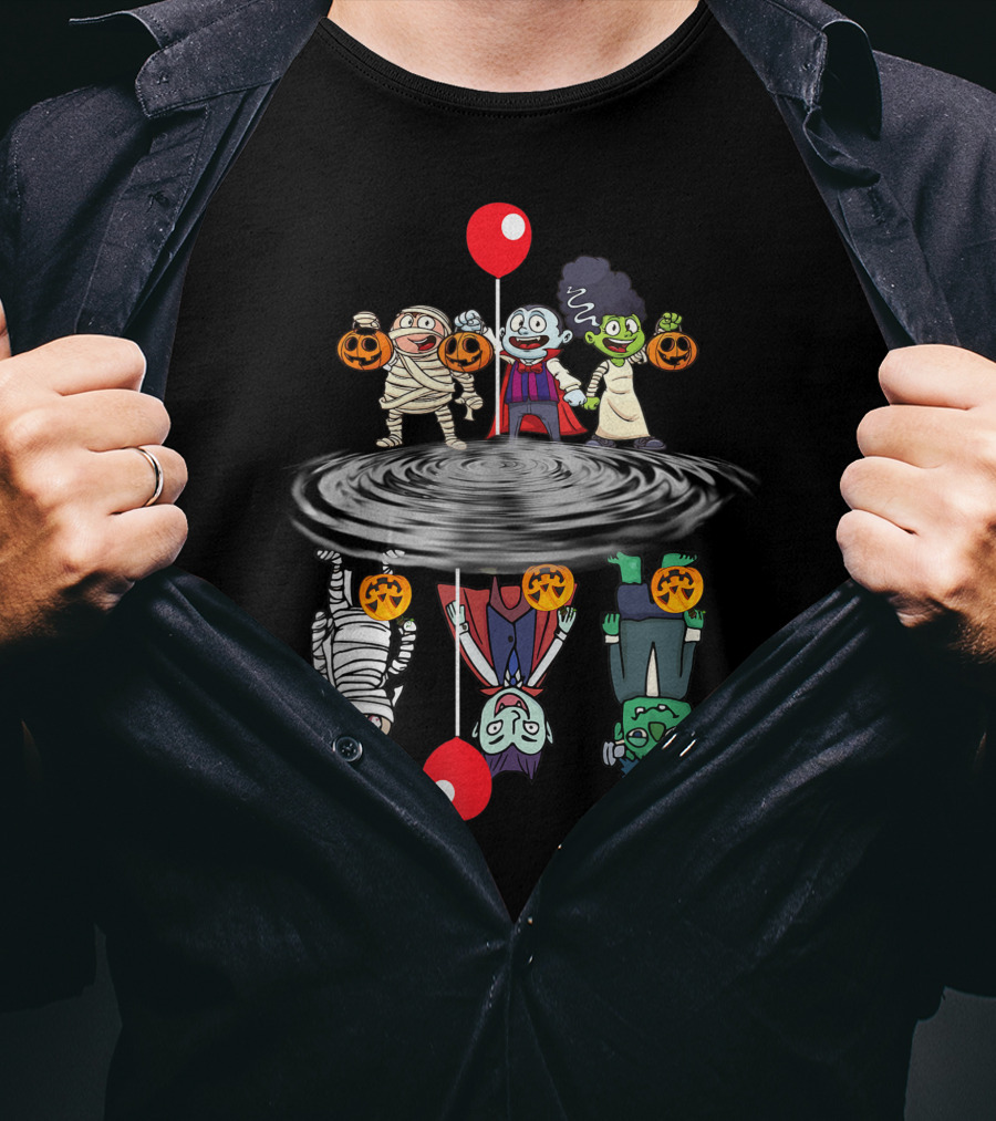 Halloween Horror Characters Reflection In Water With Red Balloons T-Shirt