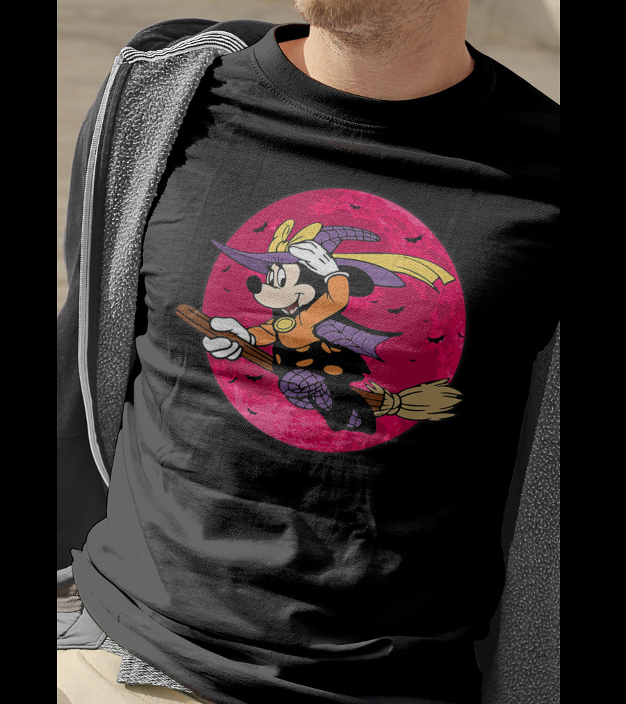 Happy Halloween Witch Costume Broomstick Against Pink Moon With Bats T-Shirt