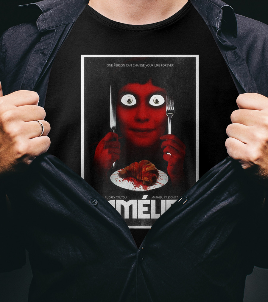 Amélie Horror Parody Audrey Tautou Matthieu Kassovitz Creepy Croissant T-Shirt