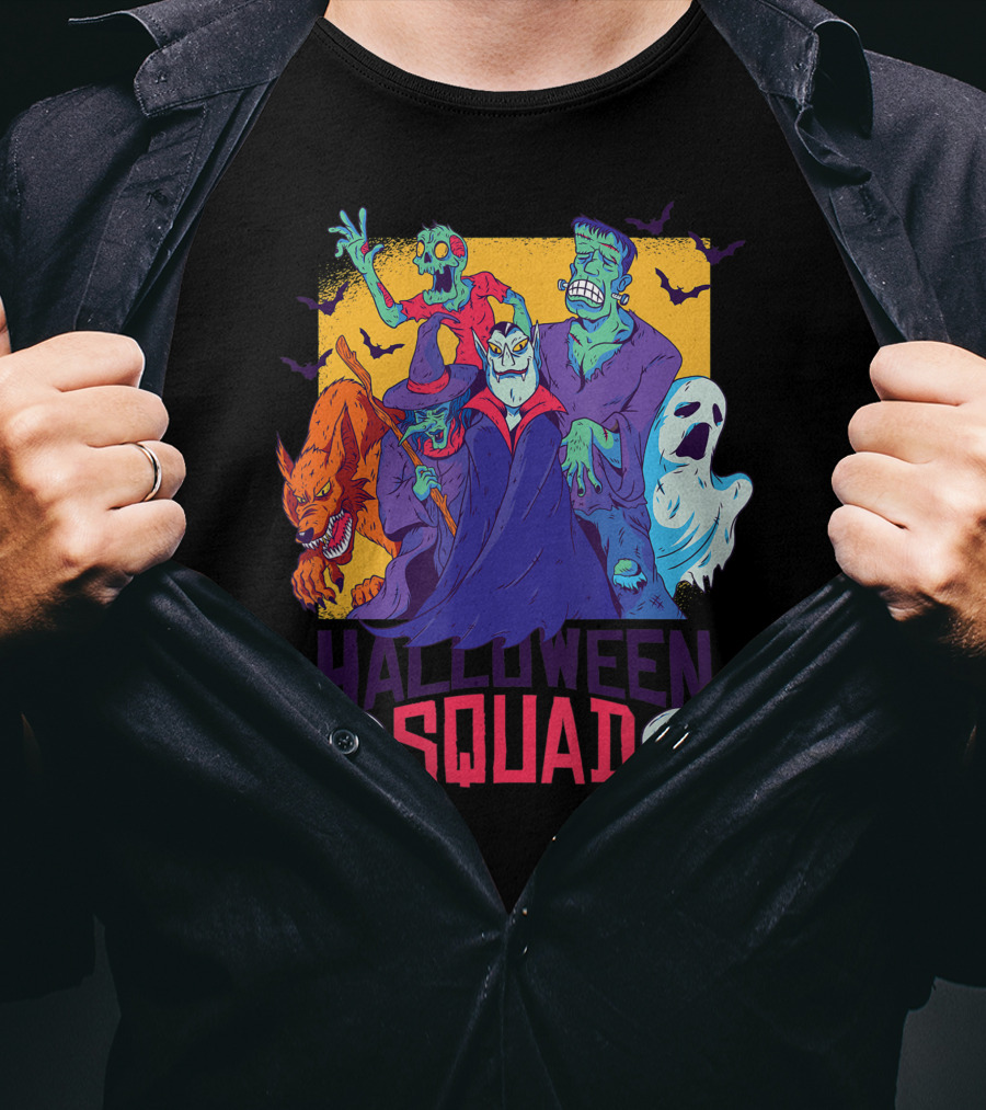 Halloween Squad Funny Horror Characters Vampire Wolf Zombie Ghost Monster T-Shirt