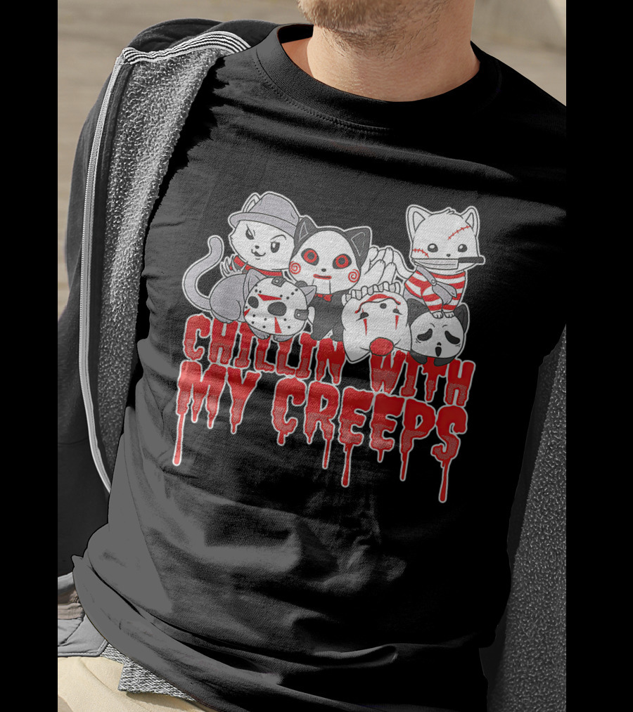 Chillin With My Creeps Halloween Cats In Costumes T-Shirt
