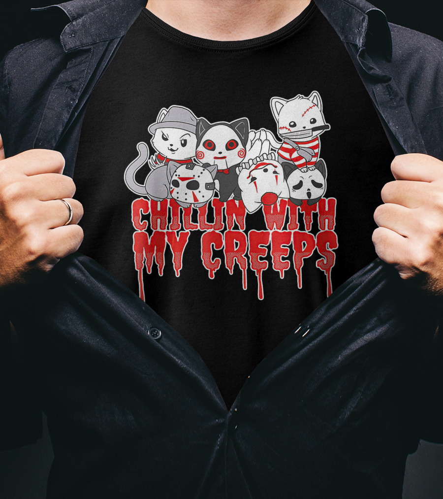 Chillin With My Creeps Halloween Cats In Costumes T-Shirt