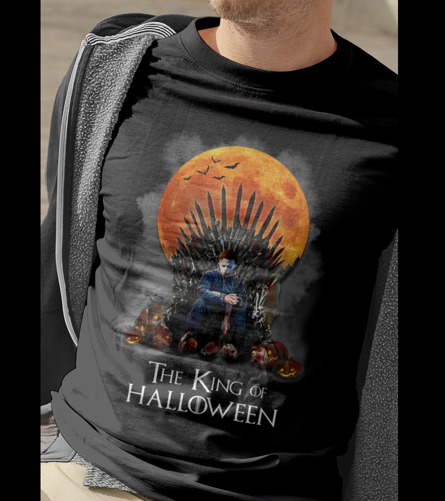 The King Of Halloween Horror Characters On Throne With Full Moon And Pumpkins T-Shirt