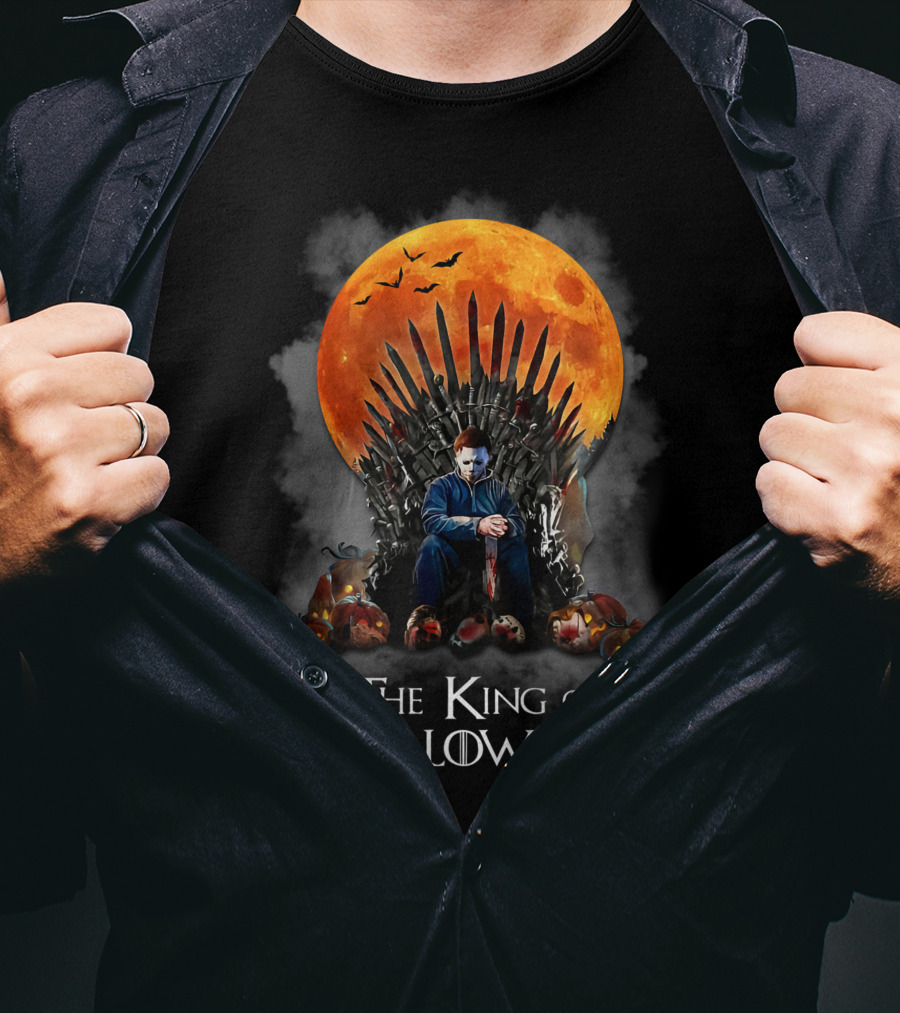 The King Of Halloween Horror Characters On Throne With Full Moon And Pumpkins T-Shirt