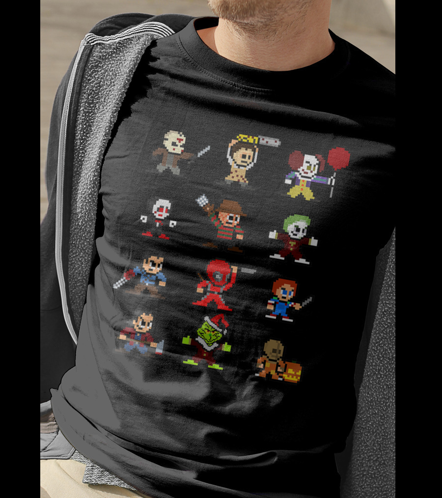 Pixelated Horror Icons Halloween Christmas Gamer Mashup T-Shirt