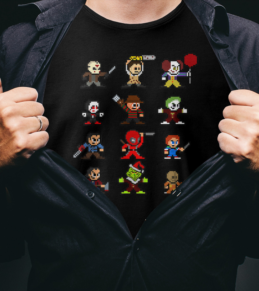 Pixelated Horror Icons Halloween Christmas Gamer Mashup T-Shirt