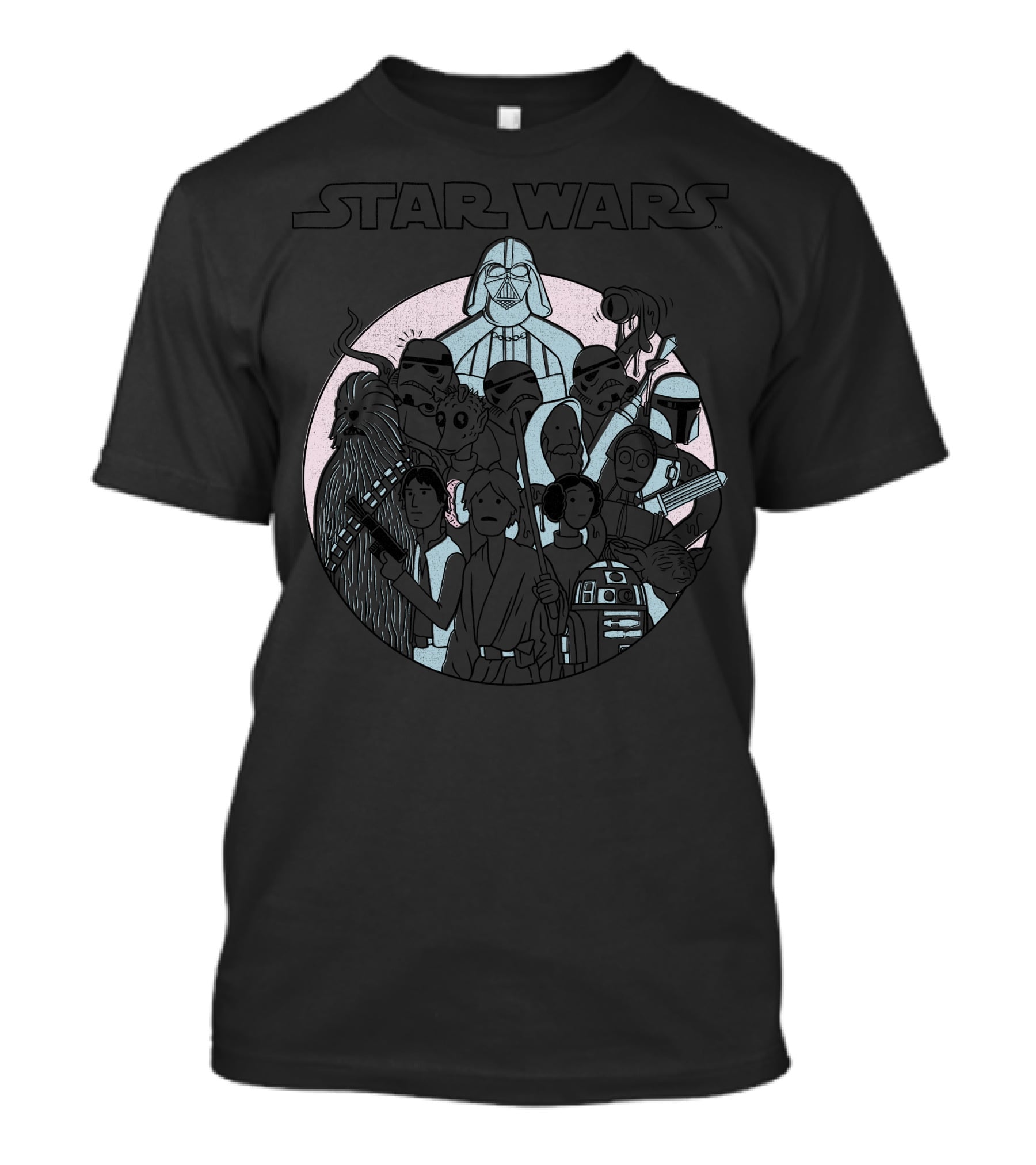 Star Wars Heroes And Villains Pastel Doodle Vader Stormtrooper Chewbacca Mandalorian R2-D2 T-Shirt