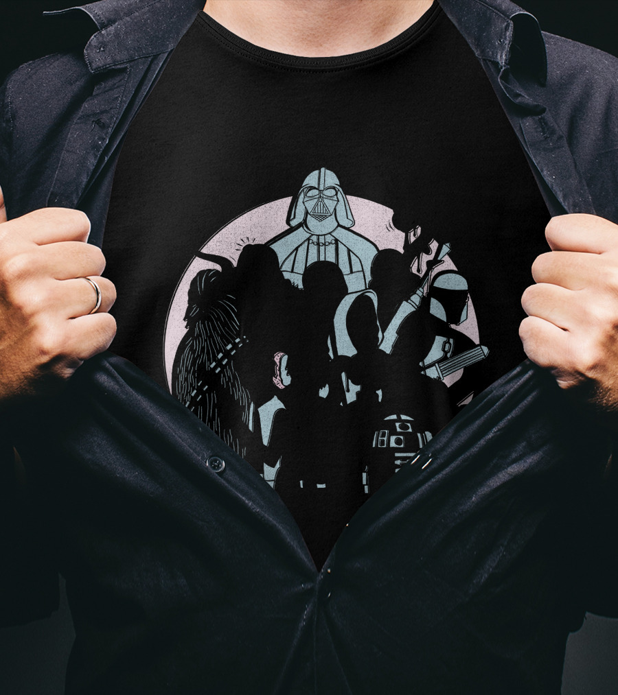 Star Wars Heroes And Villains Pastel Doodle Vader Stormtrooper Chewbacca Mandalorian R2-D2 T-Shirt