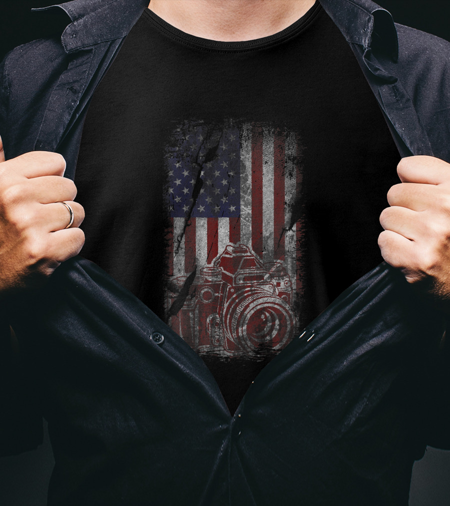 American Patriotic Photography Distressed Grunge USA Flag Camera T-Shirt