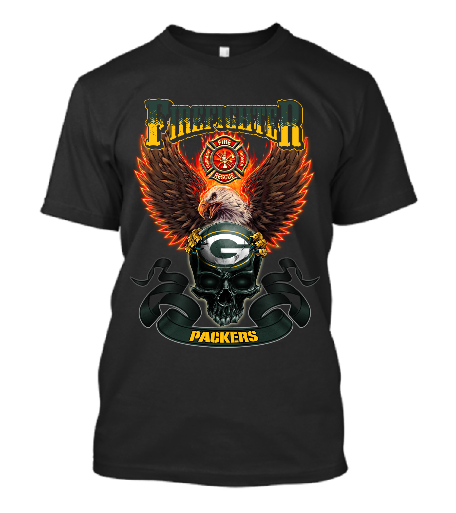 Firefighter Fire Rescue Eagle Green Bay Packers Skull T-Shirt