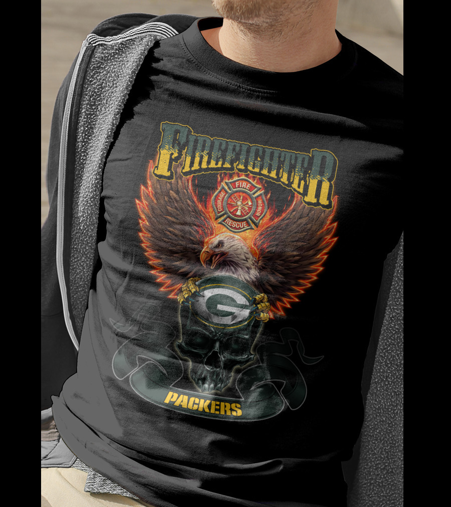 Firefighter Fire Rescue Eagle Green Bay Packers Skull T-Shirt