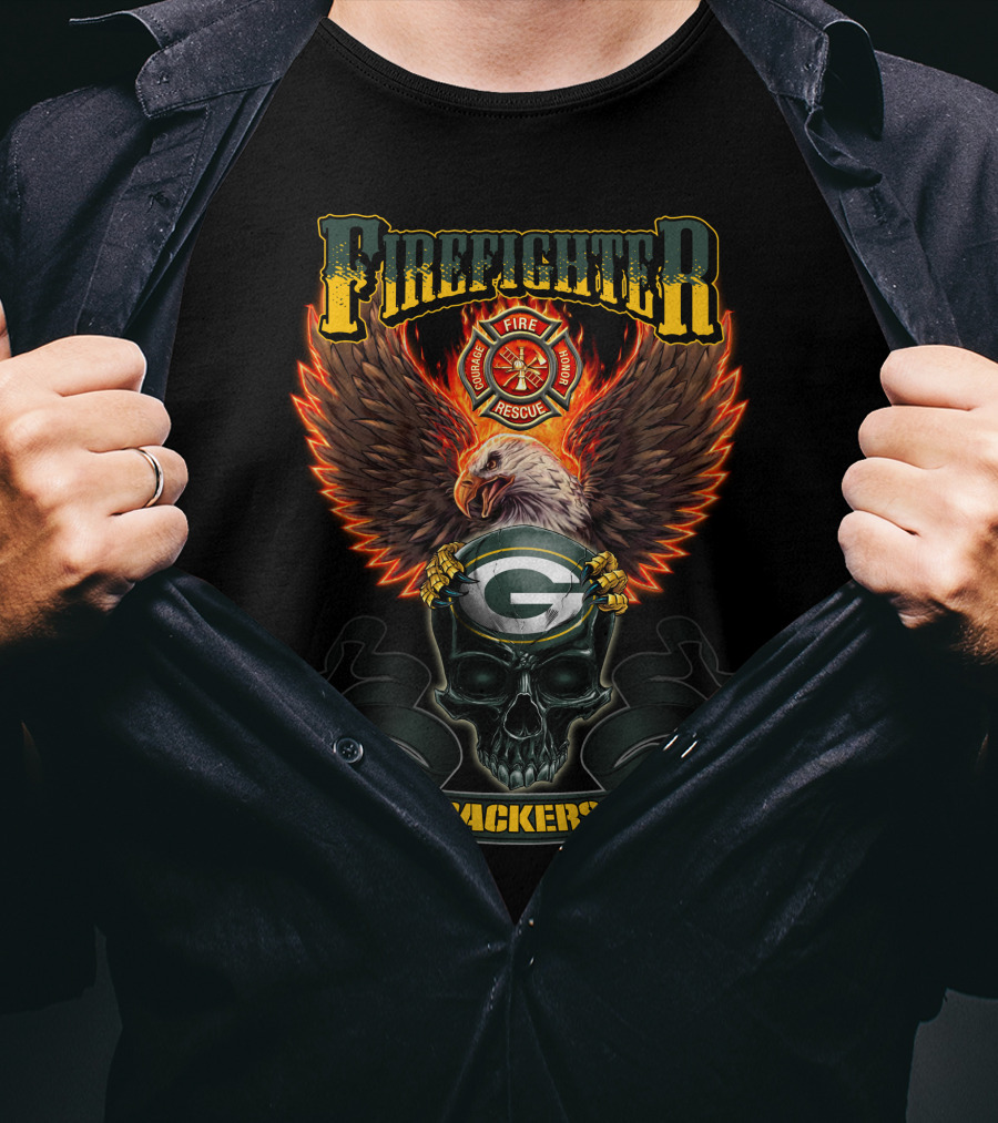 Firefighter Fire Rescue Eagle Green Bay Packers Skull T-Shirt