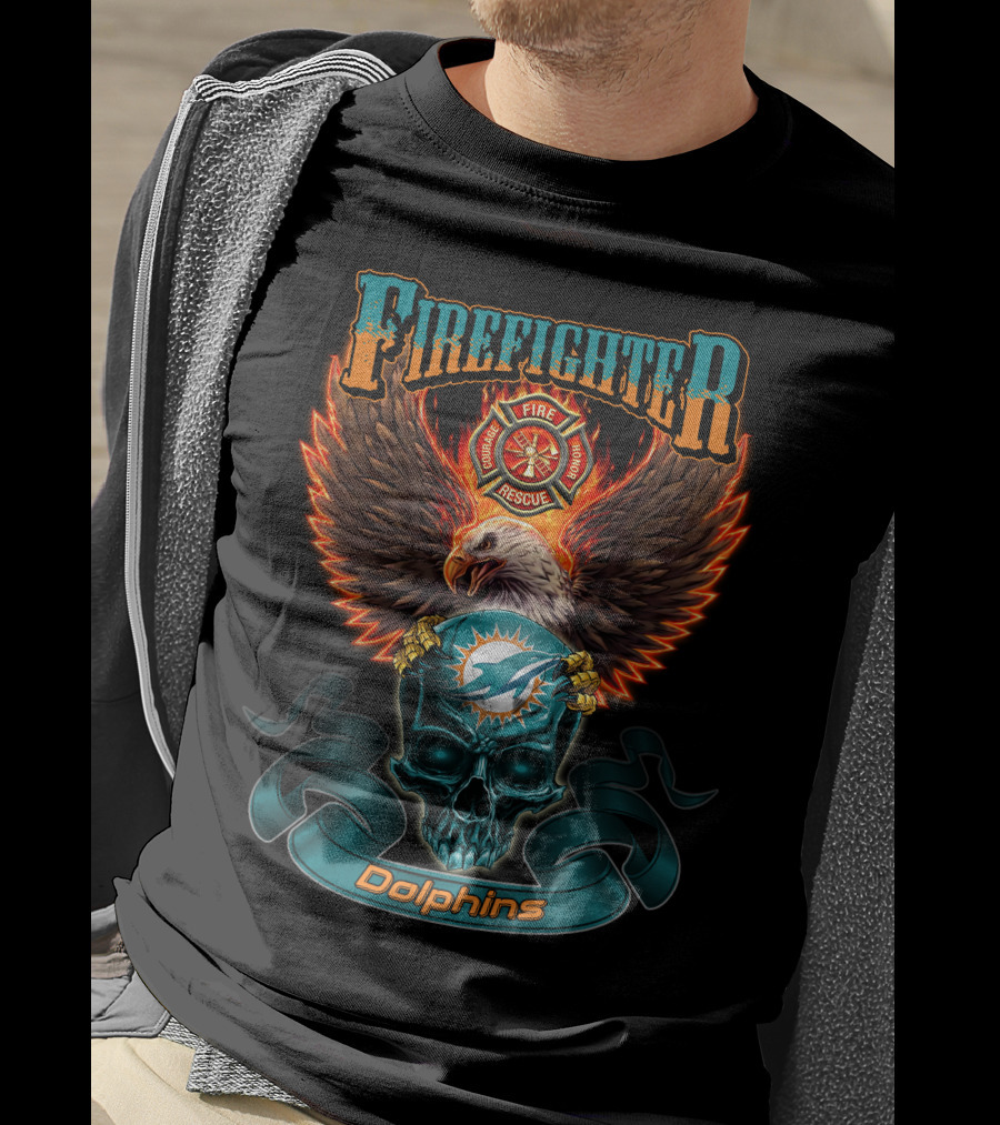 Firefighter Fire Rescue Eagle Miami Dolphins Skull T-Shirt