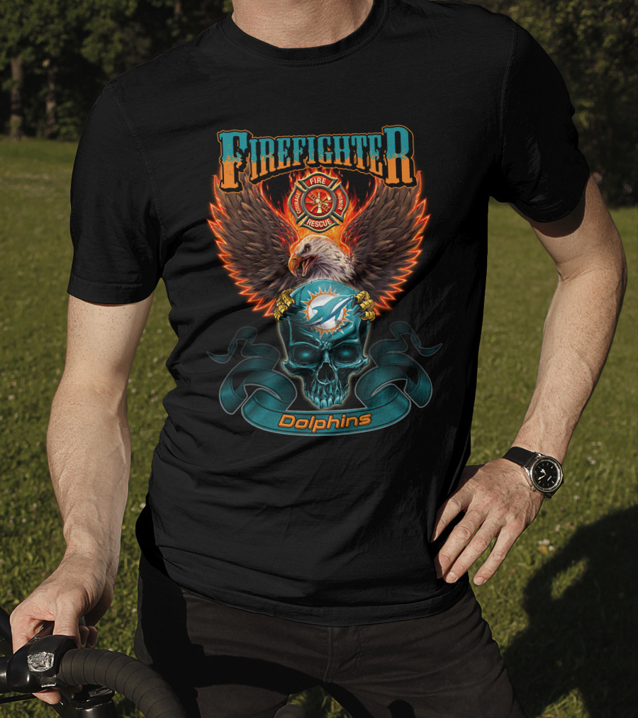 Firefighter Fire Rescue Eagle Miami Dolphins Skull T-Shirt