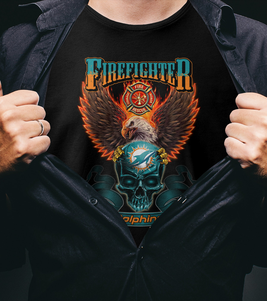 Firefighter Fire Rescue Eagle Miami Dolphins Skull T-Shirt