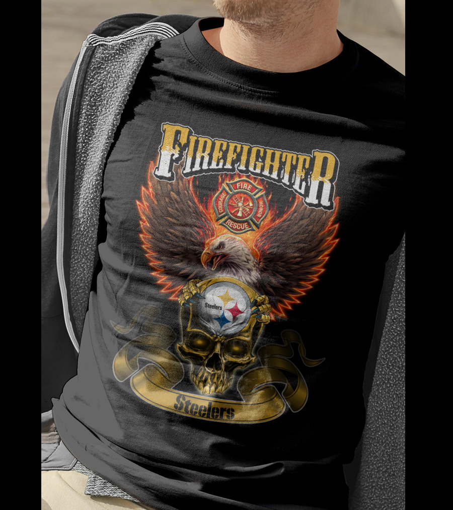 Firefighter Eagle Pittsburgh Steelers Fire Rescue Badge Skull T-Shirt
