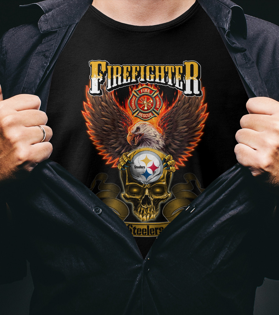 Firefighter Eagle Pittsburgh Steelers Fire Rescue Badge Skull T-Shirt